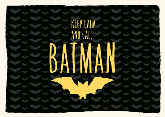 Postkarte - Sprüche: Keep Calm and Call Batman – Gelber Schriftzug auf Schwarz, perfekt für Superhelden - und Comic - Fans mit ikonischem Fledermaus - Design