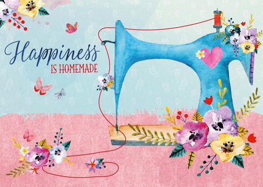 Postkarte Sprüche: Lebensweisheit Happiness Homemade mit Nähmaschine und Glitzerlack