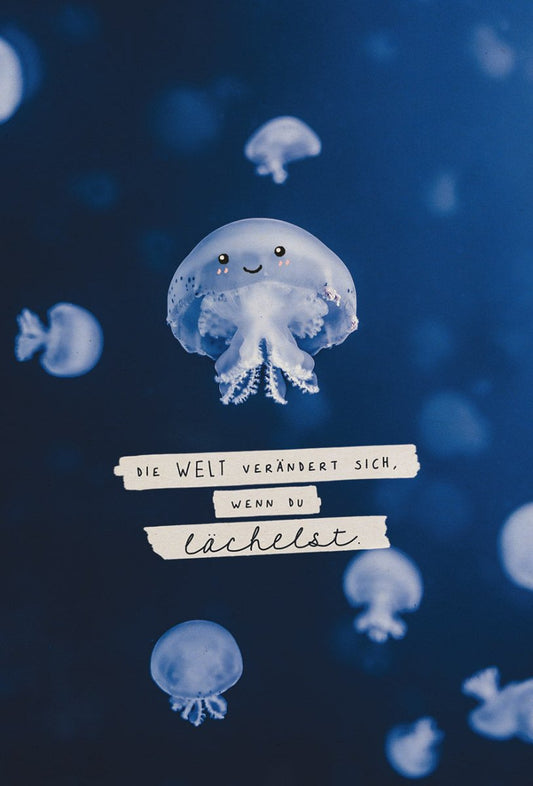 Postkarte Sprüche "Meereszauber" - Quallen auf Zuckerrohrpapier, Blau - Weiß, für Wanddeko & Motivation