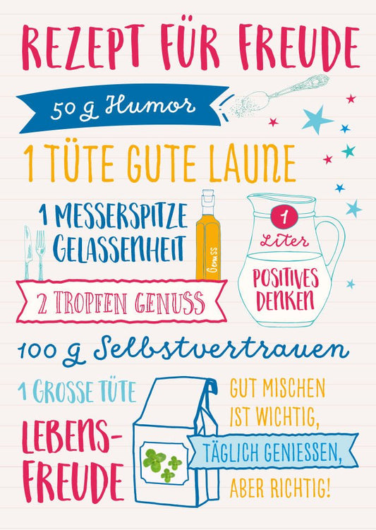 Postkarte Sprüche Rezept für Freude Humor Gute Laune Lebensfreude positives Denken originelle Grußkarte zum Verschenken