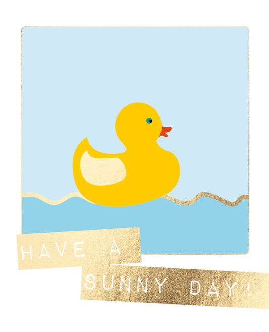 Postkarte Sprüche "Sonnentag am Meer" - Entenmotiv, Glitzerakzente in Gelb & Blau - Freude und Optimismus versenden