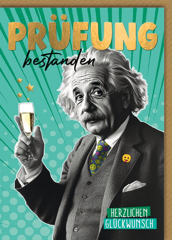 Prüfung Glückwunschkarte – Einstein mit Sektglas und Retro - Design in Türkis