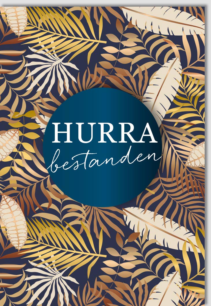 Prüfungsglückwunschkarte - Blaue Hurra Applikation für Examenserfolg und Abschlussfeier