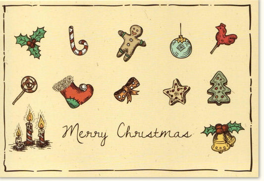 Retro Weihnachtskarte im Vintage Stil - Nostalgische Symbole wie Lebkuchenmann, Tannenbaum & Schneeflocken für festliche Grüße und Dekoration