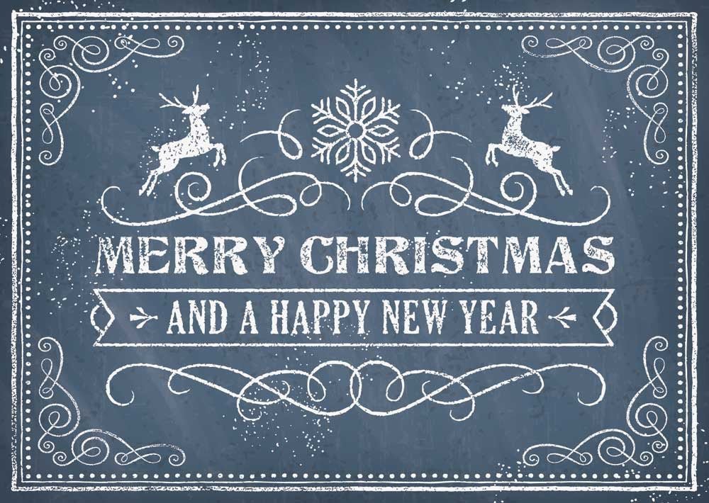 Retro Weihnachtspostkarte in Blau: Frohe Weihnachten und ein glückliches neues Jahr