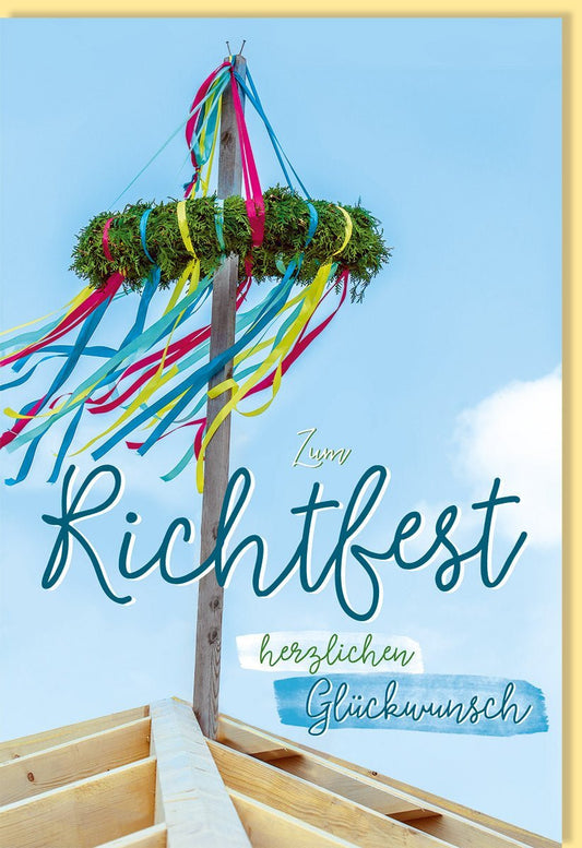 Richtfestkarte - Glückwünsche zum Eigenheim, mit Spruch & Richtkranz - Motiv für Bauherren und Handwerkerfeiern