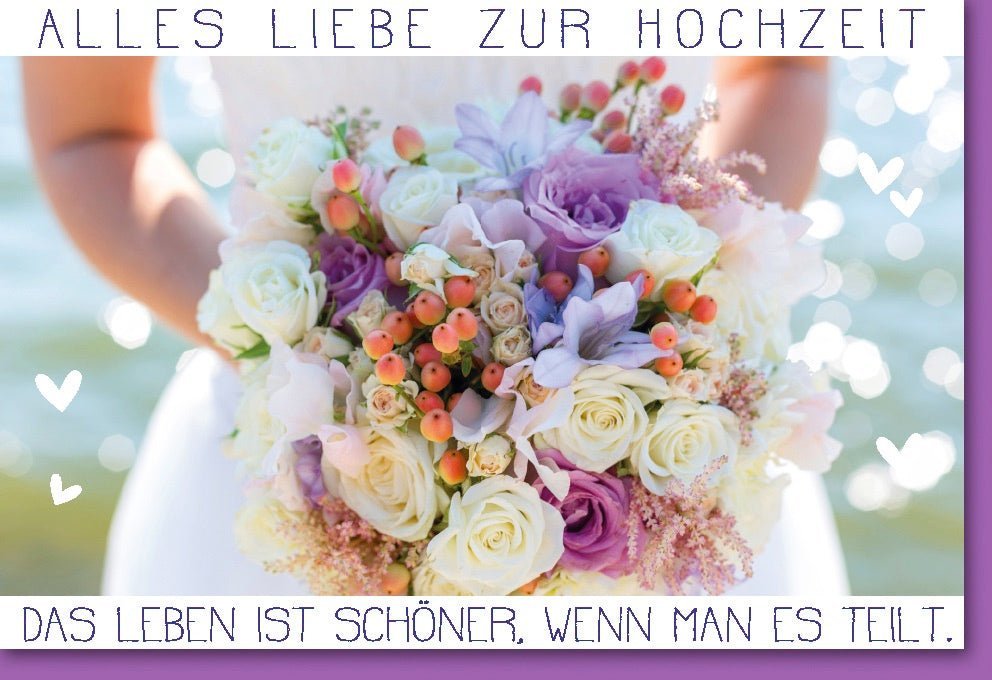 Romantische Hochzeitskarte mit Blumenstrauß - Design – Liebevolle Glückwünsche für das Brautpaar teilen