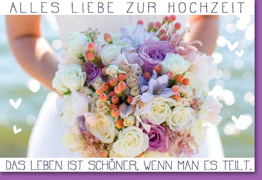Romantische Hochzeitskarte mit Blumenstrauß - Design – Liebevolle Glückwünsche für das Brautpaar teilen