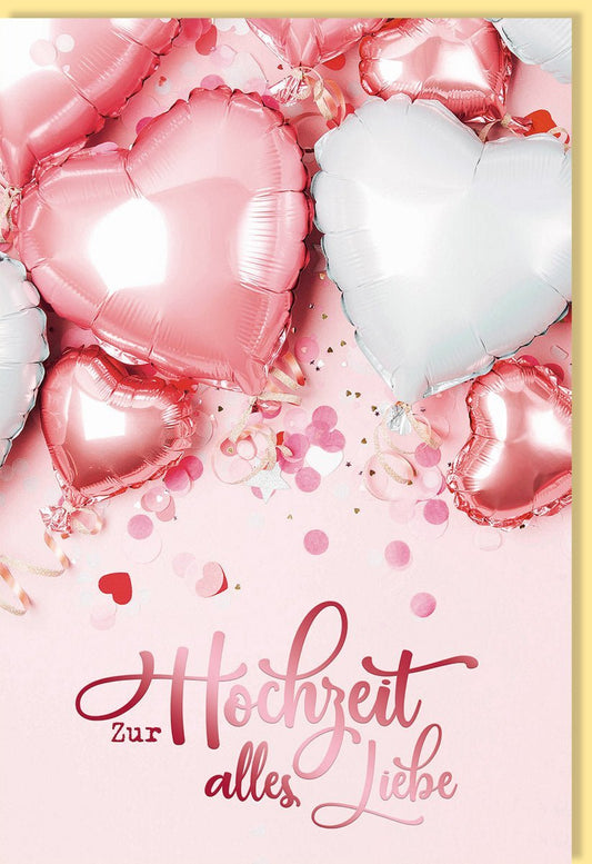 Romantische Hochzeitskarte mit herzförmigen Luftballons in Weinrot & Rosa, Metallicfolie – Perfekt für Verlobung, Jubiläum & Valentinstag
