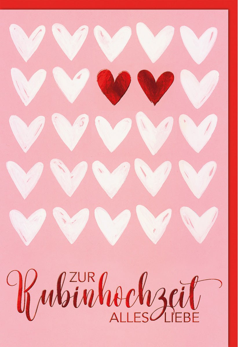 Rubinhochzeitskarte Romantisch – Rote Herzen auf Rosa mit Handgeschriebenem Text