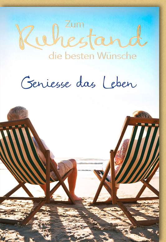 Ruhestandskarte Strand – Sonnenuntergang mit Liegestühlen und entspannter Atmosphäre