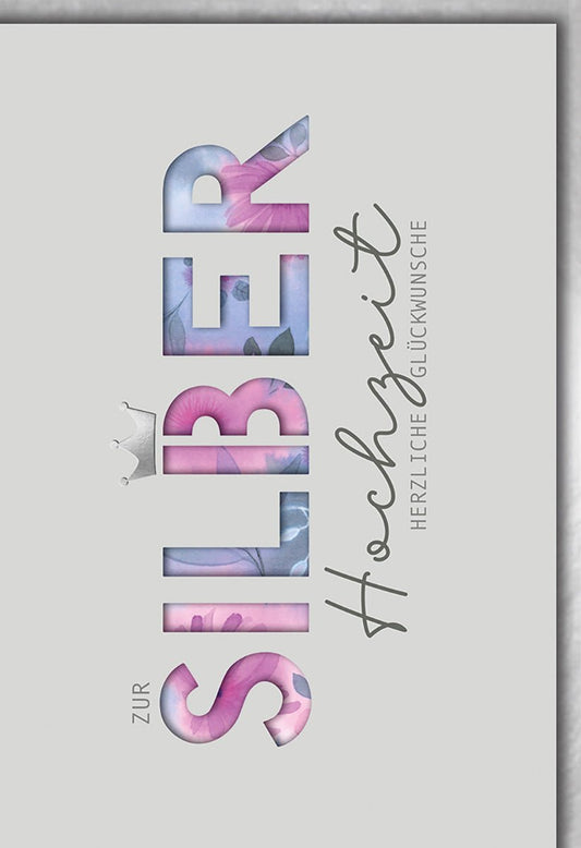 Silberhochzeitskarte Elegant – Blumenmuster im SILBER - Schriftzug mit Krone - Detail