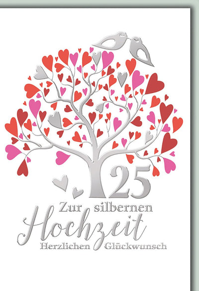 Silberhochzeitskarte Romantisch – Herzbaum mit Tauben und Zahl 25 in Silberoptik