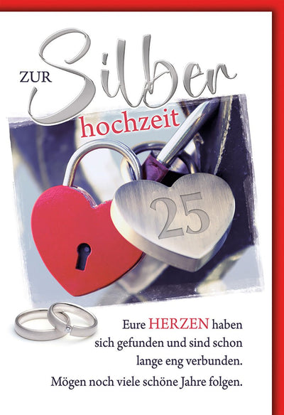 Silberhochzeitskarte Romantisch – Herzschlösser mit Gravur und Ringe in Rot-Silber