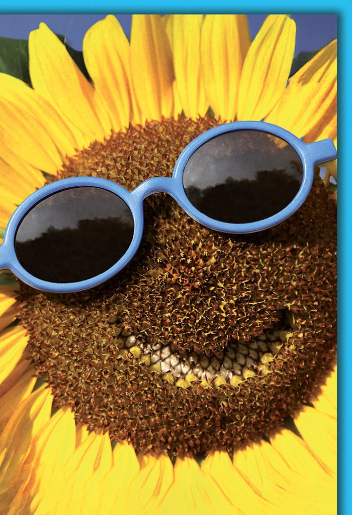 Sommergrußkarte Fröhlich – Sonnenblume mit Sonnenbrille und blauem Rand in 3D - Optik
