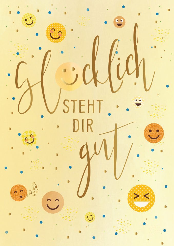 Sprüche Postkarte - "Glücklich" mit Smilies & Gold Konfetti, Gelb, Optimismus & Freude, Motivationsgeschenk für positive Momente