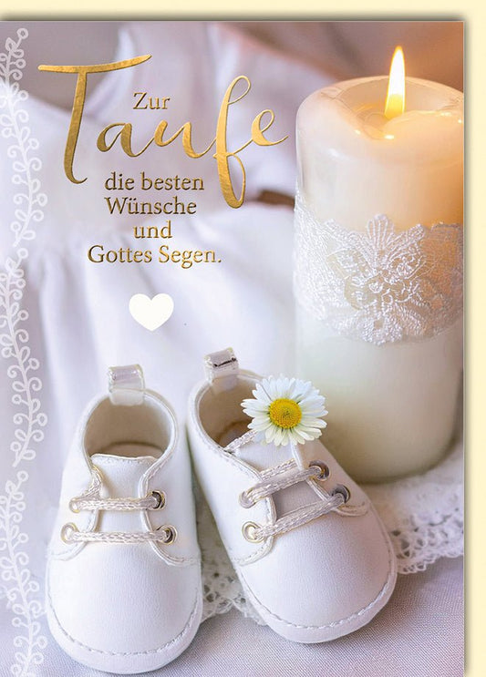 Taufe Glückwunschkarte – Babyschuhe mit Kerze und Spitze im zarten Blumendesign