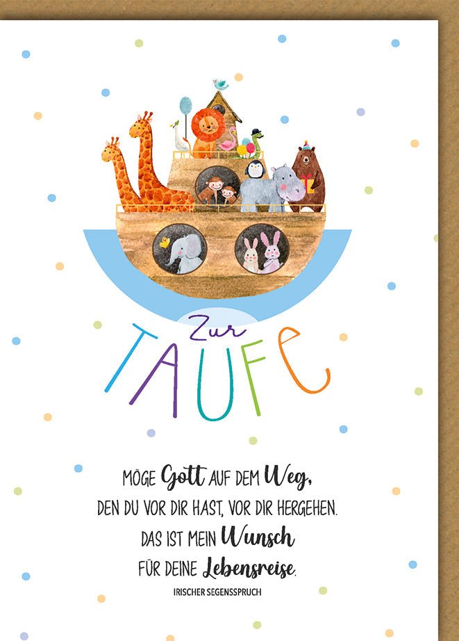 Taufkarte Arche Noah: Aquarell - Tiermotiv mit irischem Segensspruch, bunte Punkte