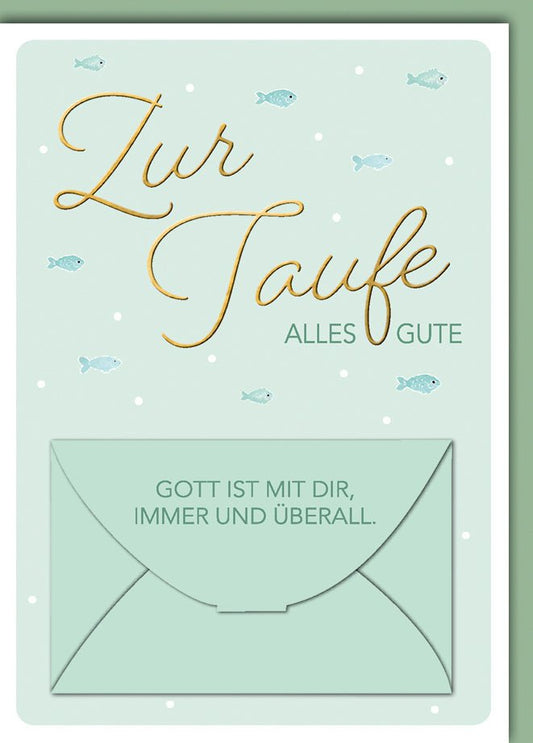 Taufkarte Mädchen/Junge – Goldene Schrift mit Fischen und Segensspruch in Mintgrün