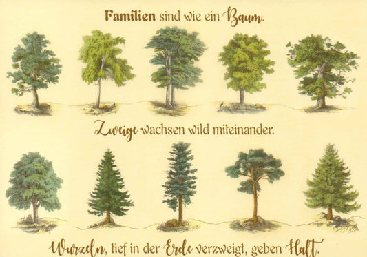 Themen - Postkarte: Familie & Zusammenhalt – Grüner Lebensbaum mit Vintage Design, Botschaft über Liebe und Verbindung, Naturmotiv für Einheit