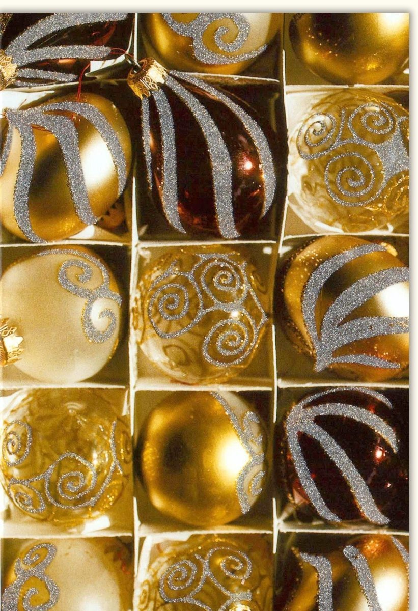 Traditionelle Weihnachtskarte - Elegante Grußkarte mit Goldglitzer und festlicher Dekoration für besinnliche Feiertagswünsche