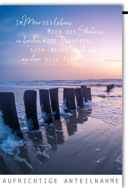 Trauerkarte Abschied - Sonnenuntergang am Meer mit Holzpfählen, Trost & Anteilnahme von Galerie Dominique
