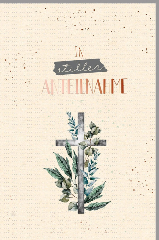 Trauerkarte "Anteilnahme" - Kondolenzkarte aus Zuckerrohrpapier, Kreuz & Blumen Design, einfühlsamer Spruch von Skorpion Green Line in Beige