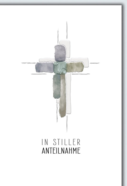 Trauerkarte Beileid – Aquarellkreuz in sanften Grautönen mit minimalistischer Eleganz