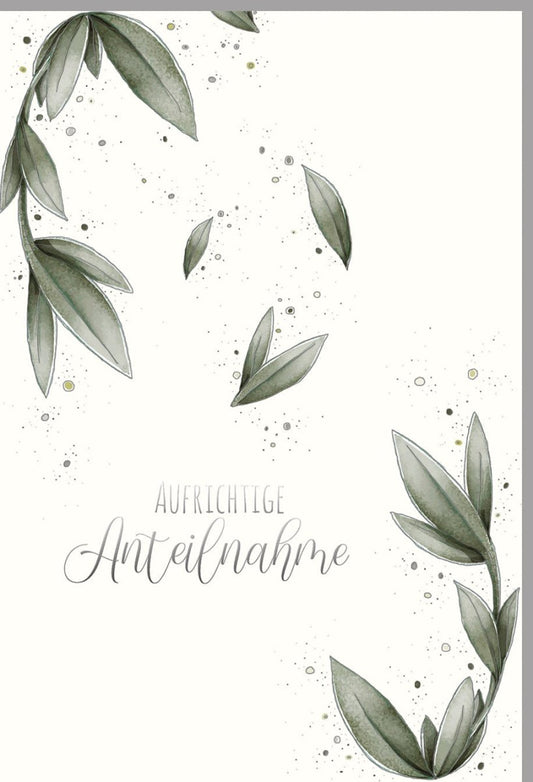 Trauerkarte Beileid Kondolenz - Edler Naturkarton mit Silberfolie, Blindprägung und stilvollem Blätterdesign in Grün für Erwachsene