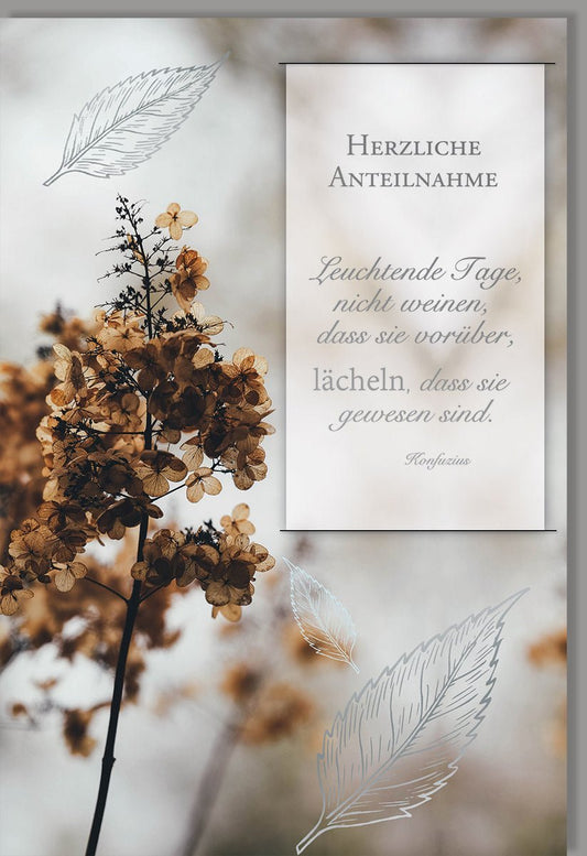 Trauerkarte Beileid mit Konfuzius Zitat - Elegante Karte mit Blütenzweig & Silberfolie, Stilvolle Anteilnahme für Erwachsene, Farbe Weiß/Beige