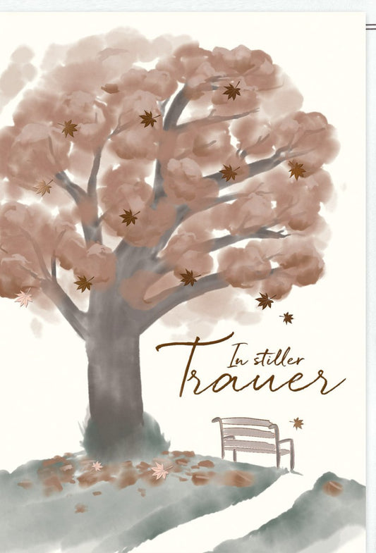 Trauerkarte - Beileidskarte mit Skorpion - Motiv, Naturdesign mit Baum und Herbstblättern, Friedhofsbank - Szenerie für Abschied & Beisetzung