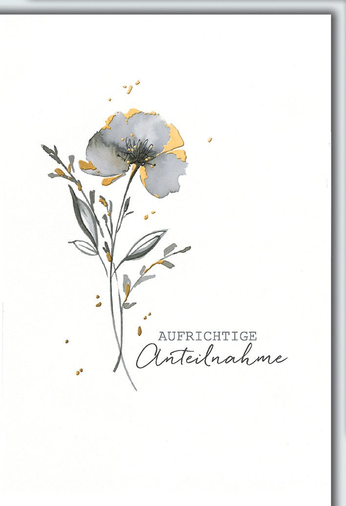 Trauerkarte Elegant – Graue Mohnblume mit goldenen Akzenten und stilvollem Schriftzug