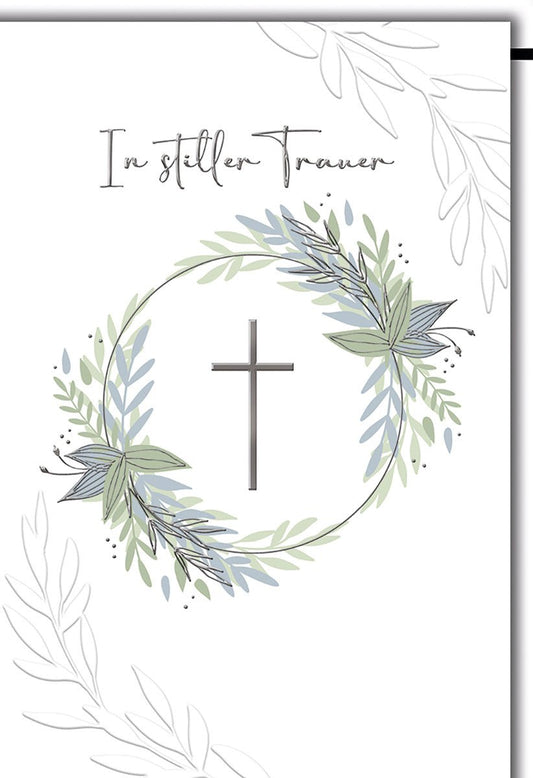 Trauerkarte Elegant – Kreuz mit Blätterkranz in sanften Pastelltönen