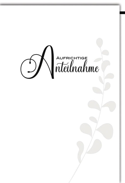 Trauerkarte Elegant – Schlichtes Blattmotiv mit stilvollem Schriftzug in Schwarz-Weiß