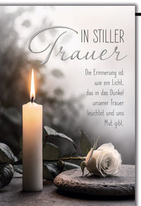 Trauerkarte Elegant – Weiße Rose mit brennender Kerze und beruhigendem Zitat
