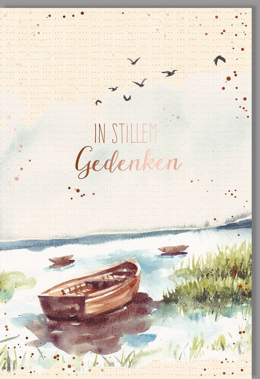 Trauerkarte: In stillem Gedenken - Boot auf Wasser mit Vögeln im Aquarellstil