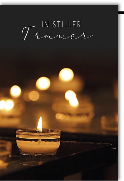 Trauerkarte mit Kerzenmotiv auf schwarzem Hintergrund für stille Anteilnahme und Mitgefühl