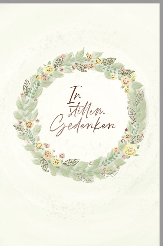 Trauerkarte mit Metallicfolie & Blindprägung - Blätterkranz für stilvolle und würdevolle Abschiednahme, pietätvolles Design