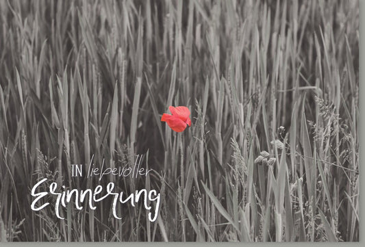 Trauerkarte mit Mohnblume – Elegante Kondolenzkarte für Abschied, Schwarzweiß mit roter Blüte