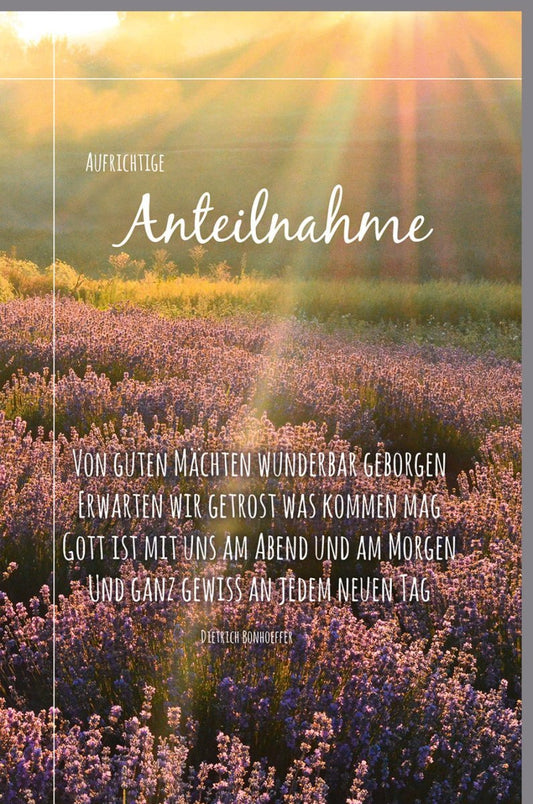 Trauerkarte mit Naturmotiv – Sonnenuntergang auf der Wiese, Trost & Hoffnung, Bonhoeffer Zitat, Licht in Zeiten des Abschieds