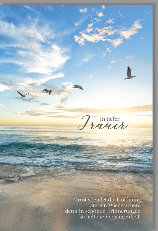 Trauerkarte Möwen am Strand: Sonnenuntergang Design für Trost & Beileid, Naturmotiv in Blau Beige für Angehörige und Freunde