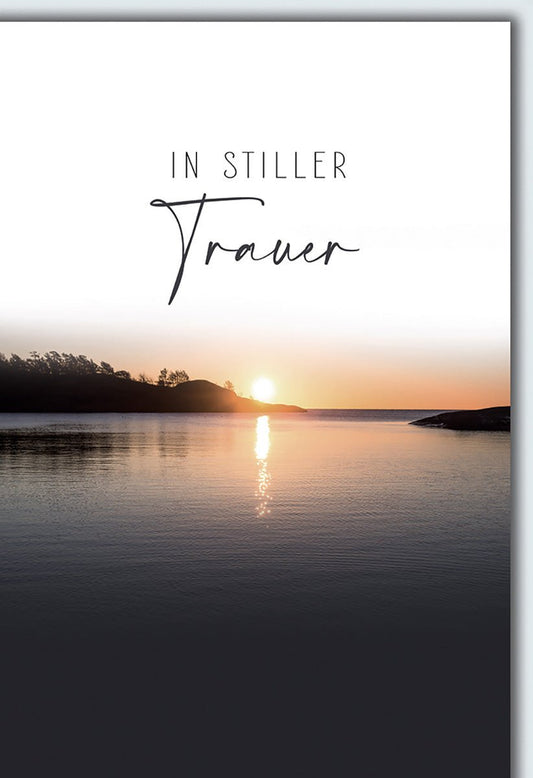 Trauerkarte Natur – Sonnenuntergang am See mit ruhiger Landschaft und sanften Farben