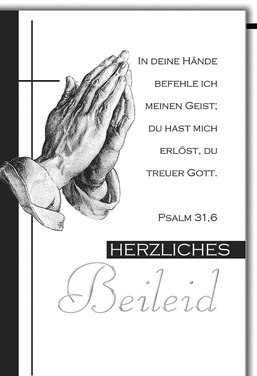 Trauerkarte Religiös – Betende Hände mit Psalm 31,6 in Schwarz - Weiß Design
