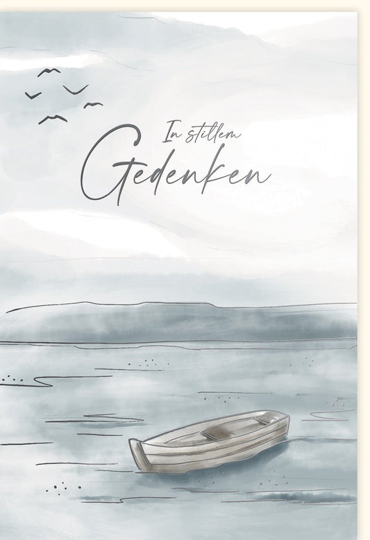Trauerkarte "Ruhe am See" - Beileidskarte mit Skorpion, Boot & Friedensmotiv für Trost und Anteilnahme