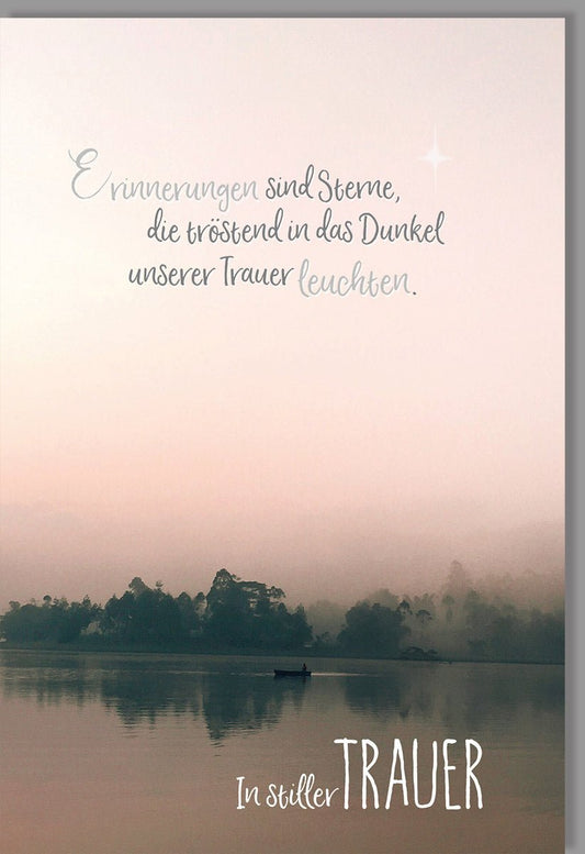 Trauerkarte - Ruhige Seeufer - Szene mit Sternenhimmel, Naturbild & einfühlsamer Botschaft für Abschied und Gedenken