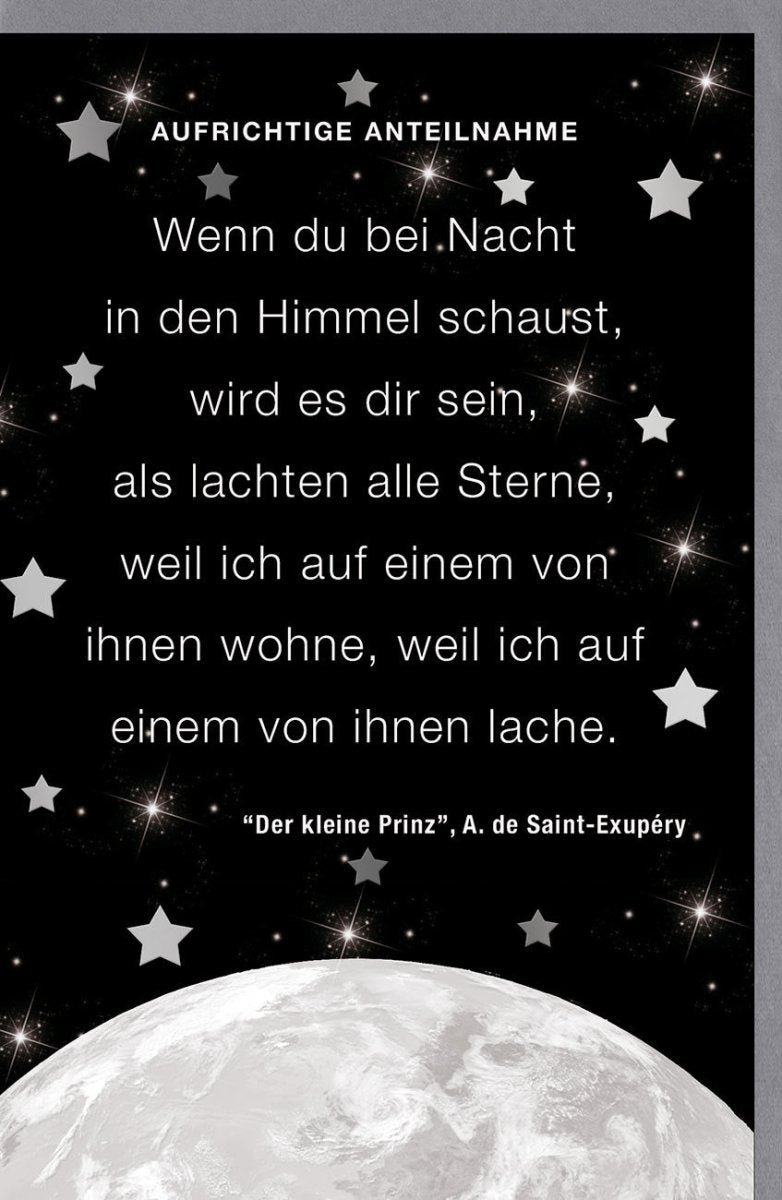 Trauerkarte "Sternenhimmel der Erinnerung" - Mit Zitat aus "Der kleine Prinz", Mond & Sterne Motiv für Abschied und Gedenken
