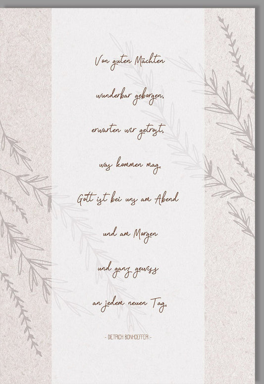 Trauerkarte - Stilvolle Schriftkarte mit Bonhoeffer Zitat "Von guten Mächten", Naturkarton & Metallicfolie, Elegante Anteilnahme, Braun