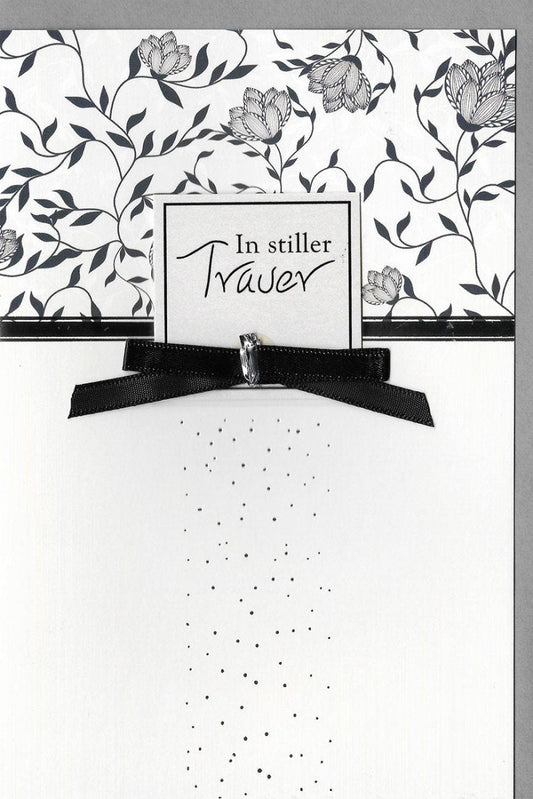 Trauerkarte - Stilvolles Blumenmuster mit Schleife und Kristall in Schwarz - Weiß