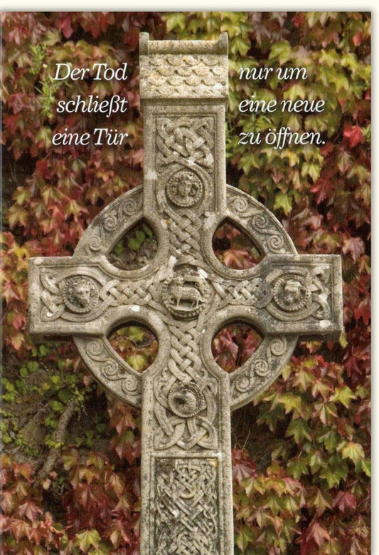 Trauerkarte zum Abschied: Mitfühlende Kondolenz mit Spruch, Kreuz & Herbstlaub - Würdevolles Gedenken bei Verlust