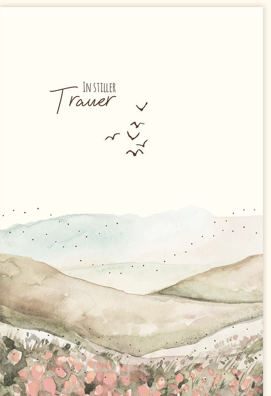 Trauerkarte zur Anteilnahme - Sanfte Blumenlandschaft mit Vögeln, Mitgefühl und Trost für Abschied und Gedenken